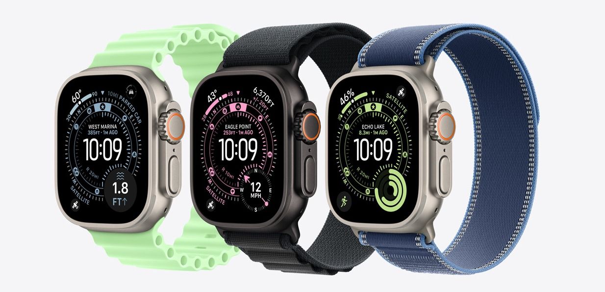 Tre Apple Watch Ultra 3 med helse- og aktivitetsdata