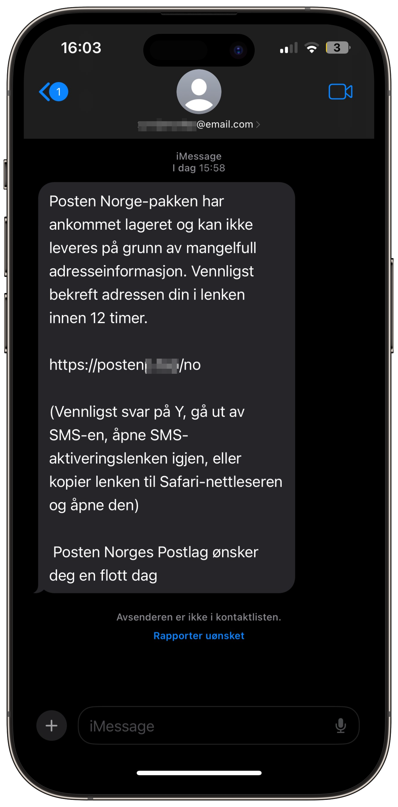 skjermbilde av sms-svindel sendt med darcula ny svindeltjeneste
