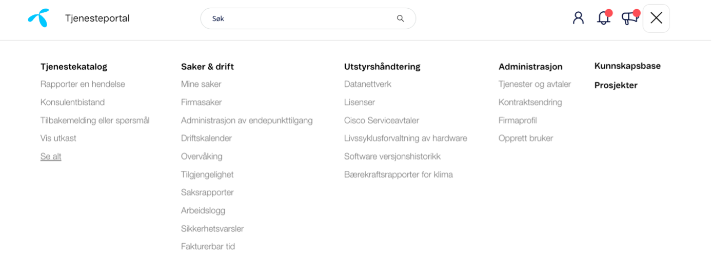 Tjenesteportal med kategorier for support og administrasjon