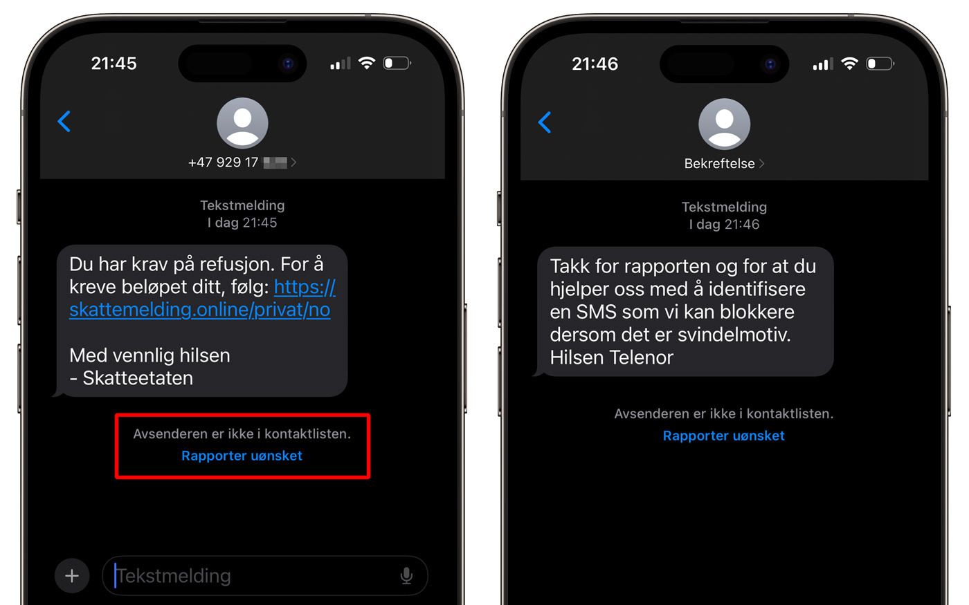Om du tror en melding du har mottatt er svindel, kan du enkelt melde det inn til Telenor