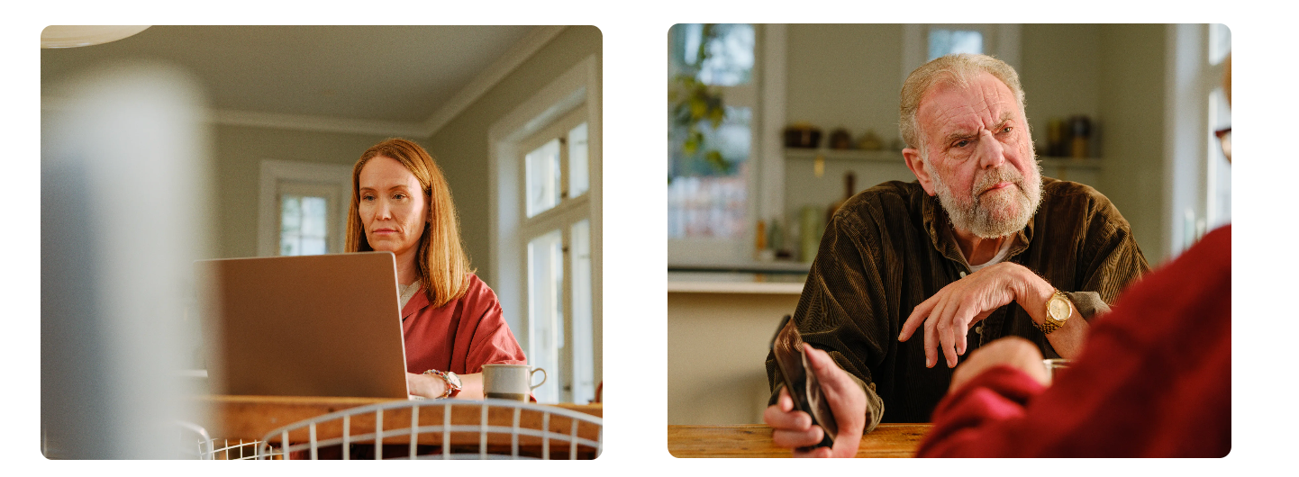 To personer i ulike rom i et hjem, med fokus på samtale og arbeid