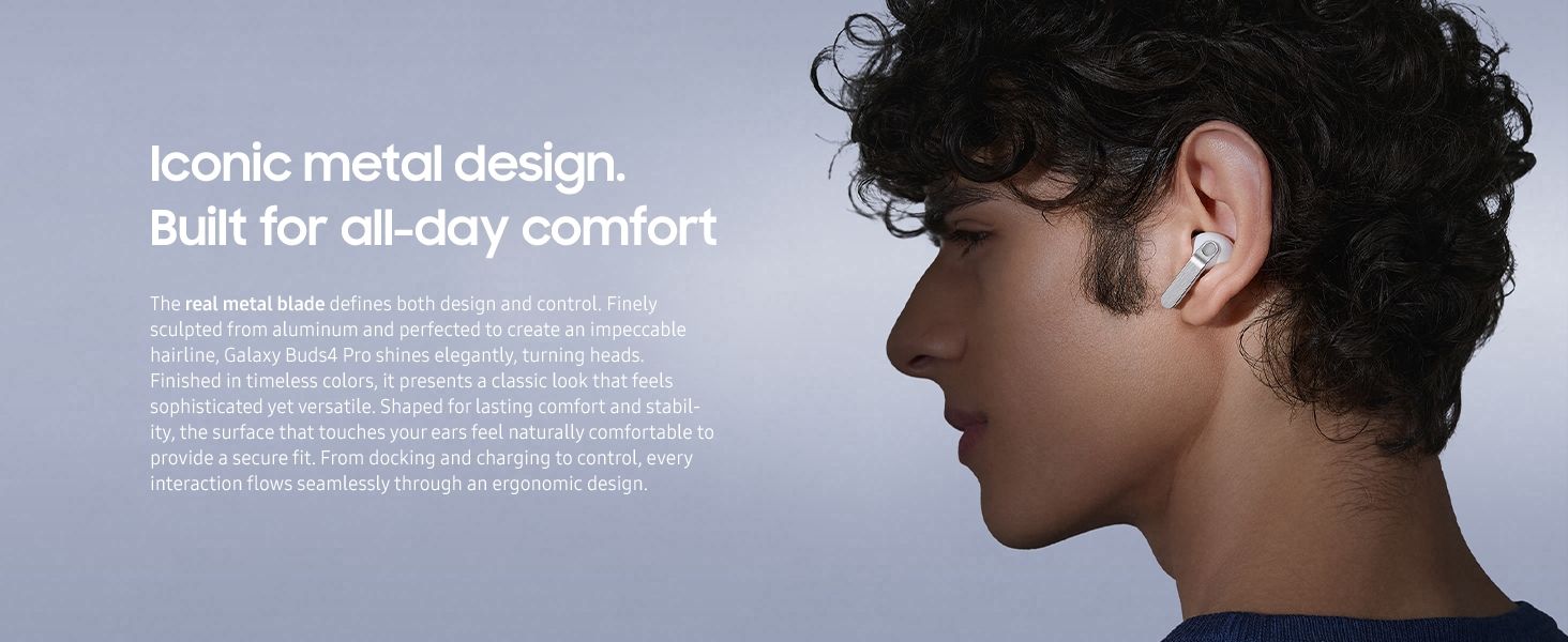 Ikonisk metallisk design med Galaxy Buds4 Pro for komfort hele dagen