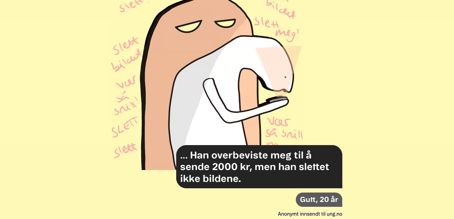 Tegning av en bekymret person som holder en mobil, omgitt av teksten "Slett bildet"