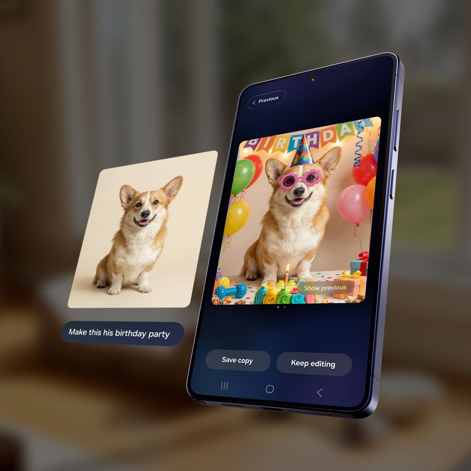 Redigering av hundebilde på en smarttelefon, kanskje nyeste fra Samsung