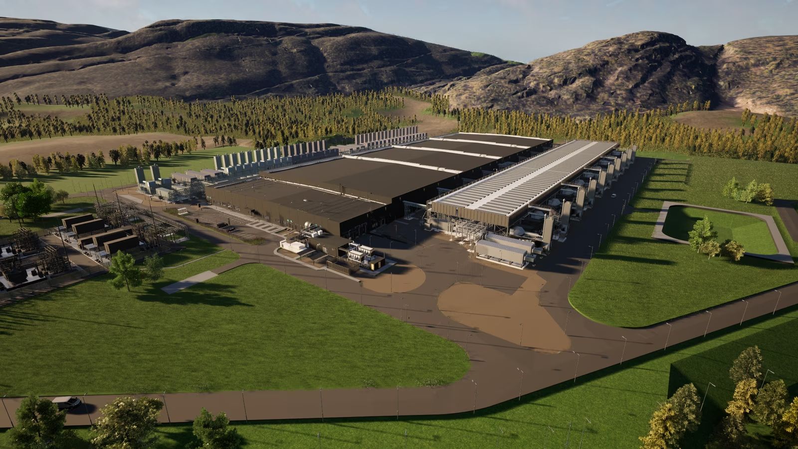 Stor industribygning omgitt av skog og åser