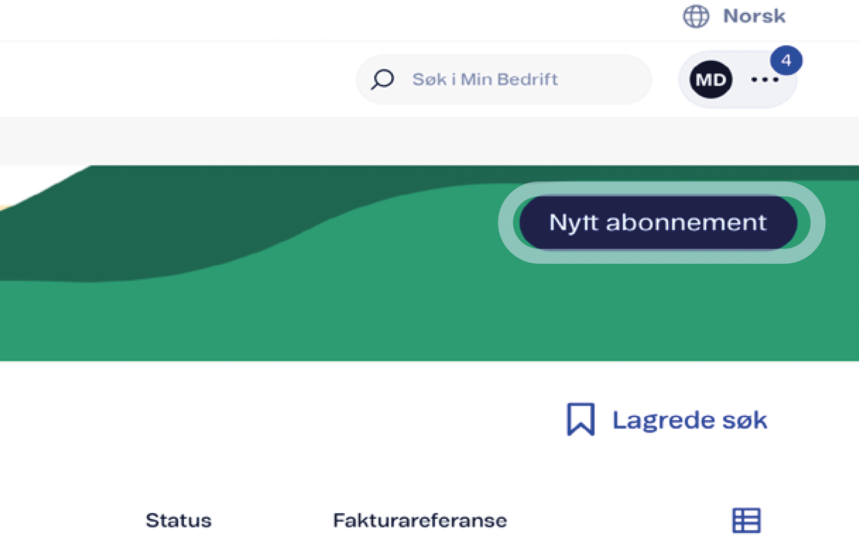 Brukergrensesnitt med søkefelt og "Nytt abonnement"-knapp
