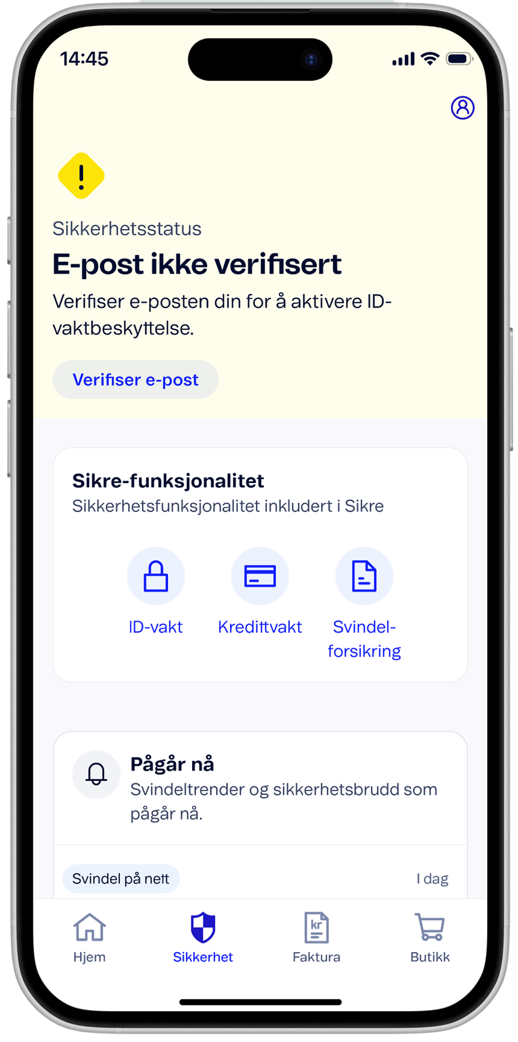 Skjermbilde fra sikkerhetssenteret i Sikre, gul status som informerer om at e-post må verifiseres.