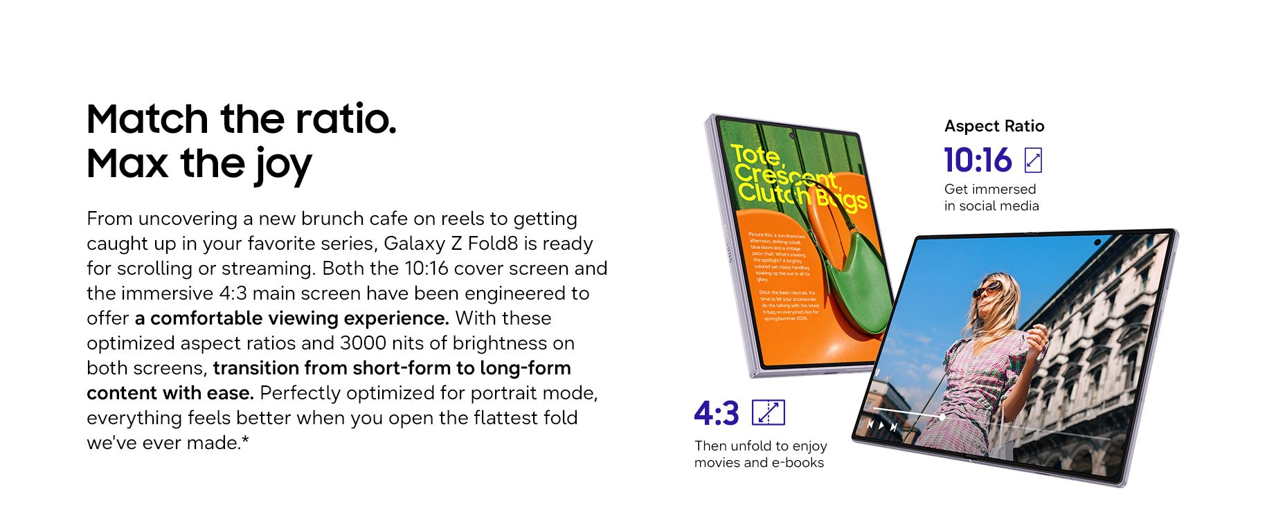 Galaxy Z Fold8 med 10:16 og 4:3-skjerm, optimal visningsopplevelse