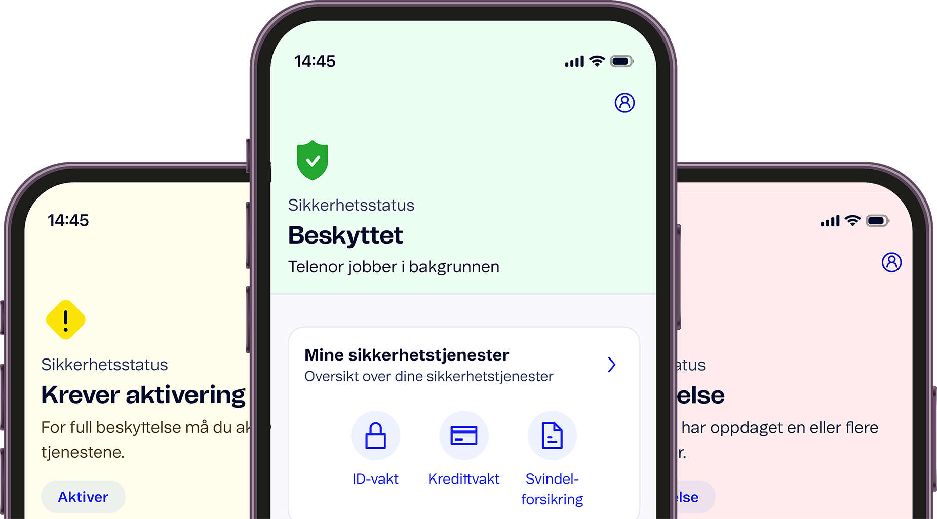 Tre mobilskjermer med Telenor sikkerhetsstatus