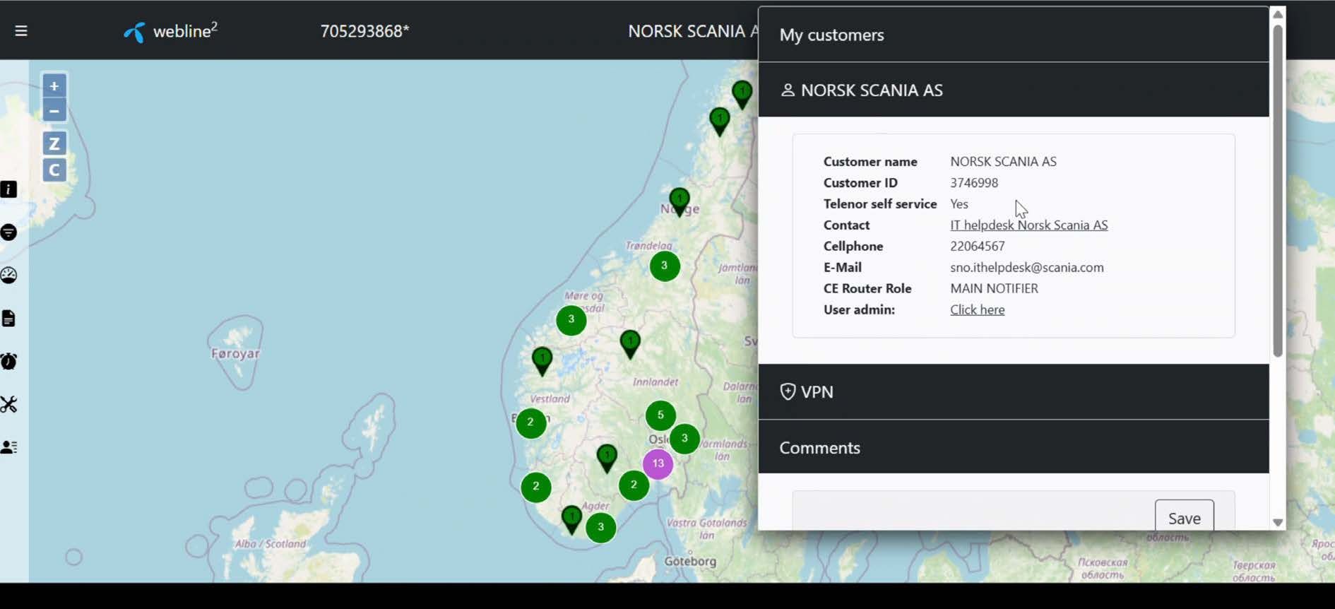 Kart over Norge med kundeinformasjon for Norsk Scania AS
