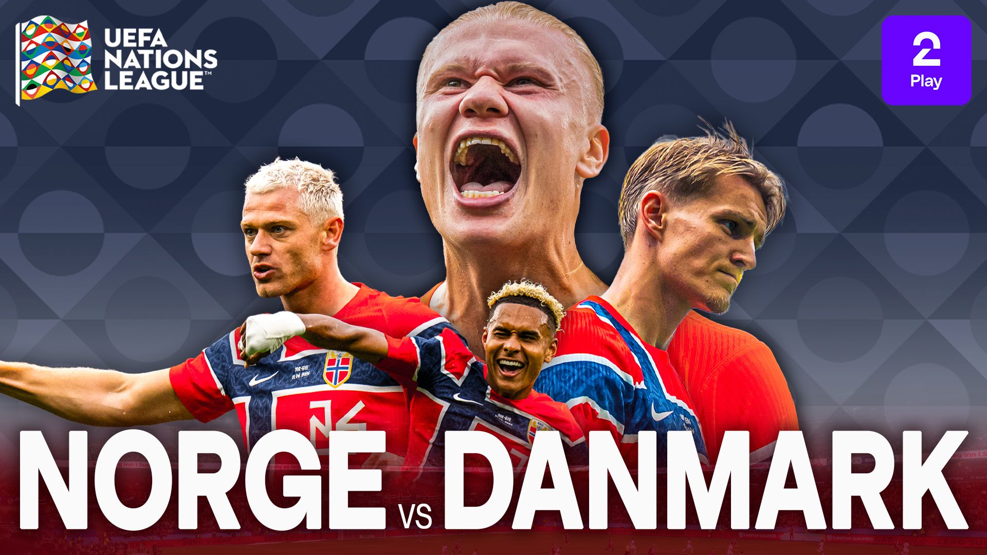 Plakat for Norge vs Danmark med Haaland, Ødegaard, Sørloth og Bobb, samt logoer for Nations League og TV 2 Play.