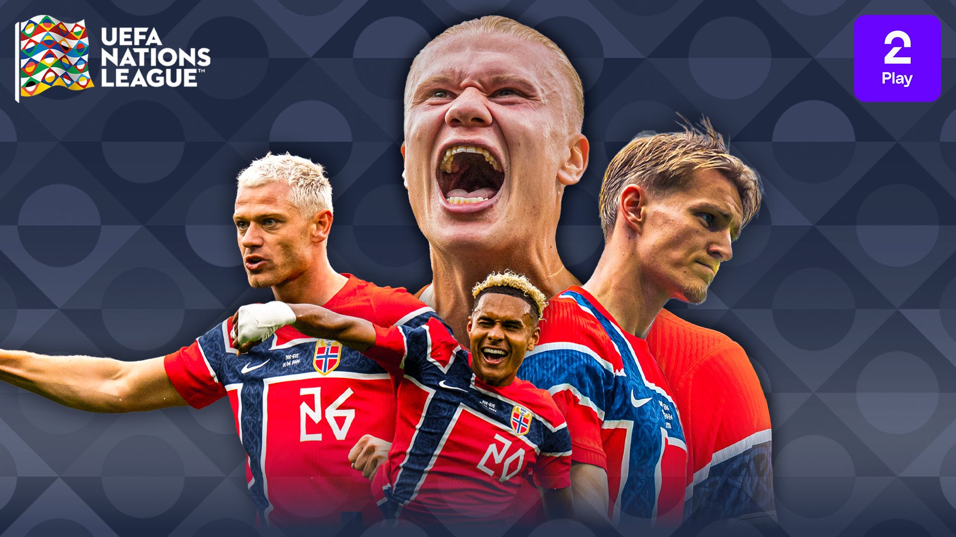 Plakat for Norge vs Danmark med Haaland, Ødegaard, Sørloth og Bobb, samt logoer for Nations League og TV 2 Play.