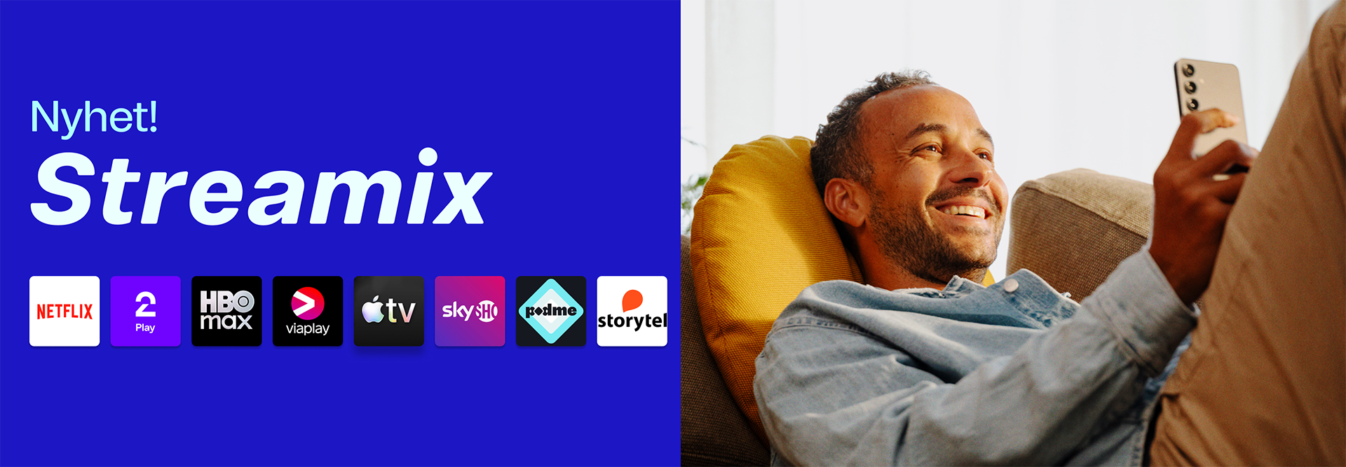Banner for Streamix. Mann ligger i sofaen og velger strømmetjenester på sin mobil.
