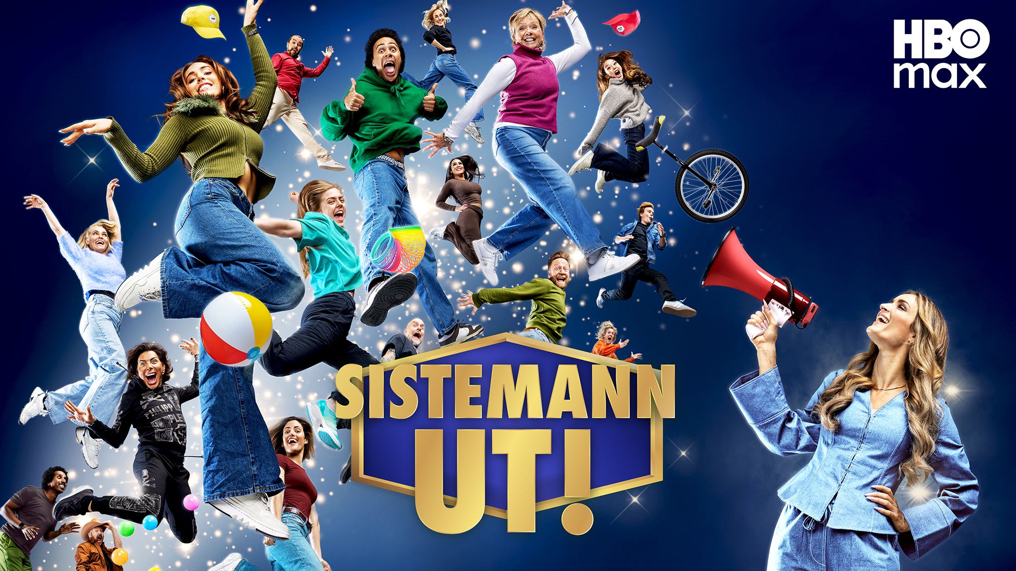 Fargerikt show med hoppende deltakere og megafon, HBO serier