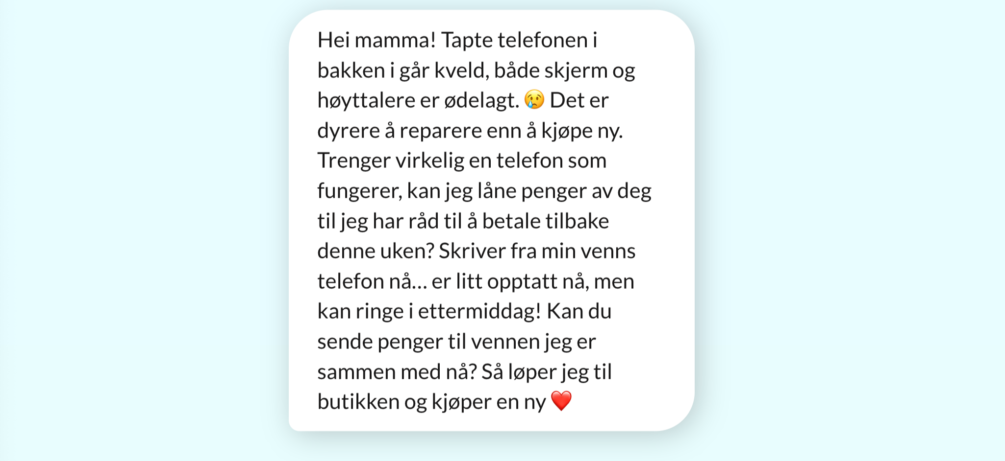 Svindel-sms hvor noen ber moren om penger til ny telefon