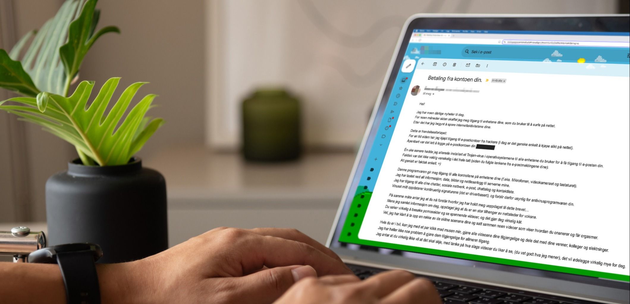 Svindel fra egen e-post vises på en laptop i et hjemmemiljø