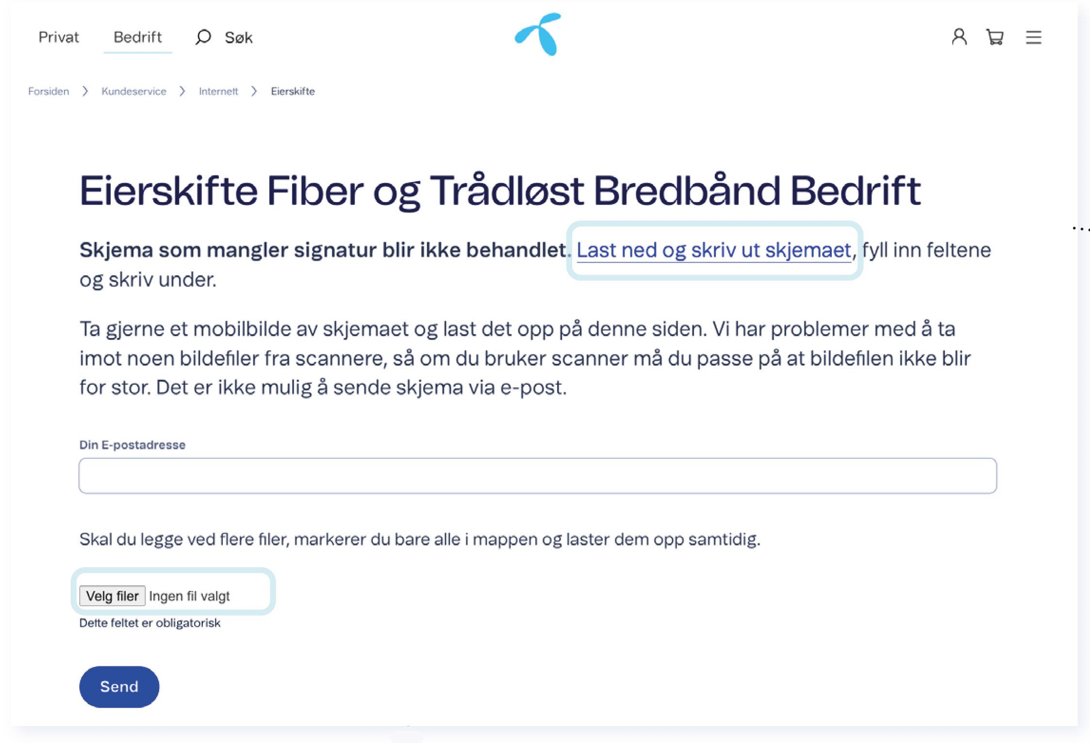 Søkeside for eierskifte av bredbånd, fiber og telefoni