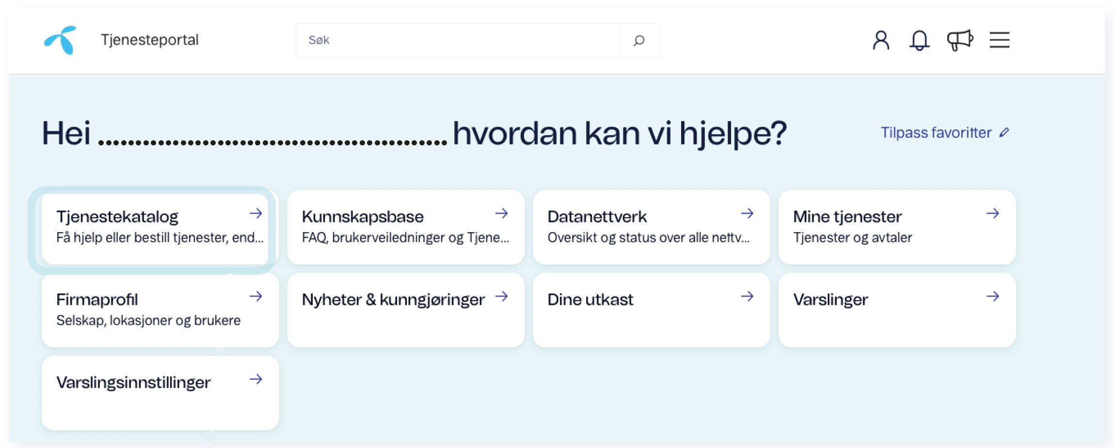 Oversiktlig tjenesteportal med ulike valgmuligheter for brukeren