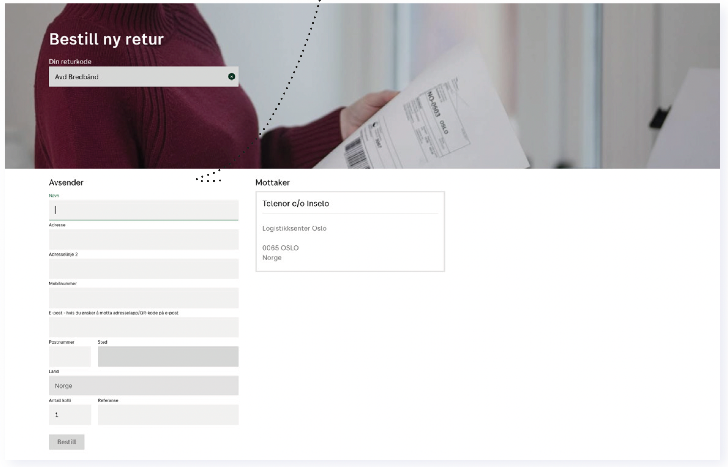 Velg supportkategori-side med to alternativer: Endre fiberabonnement og Returlapp