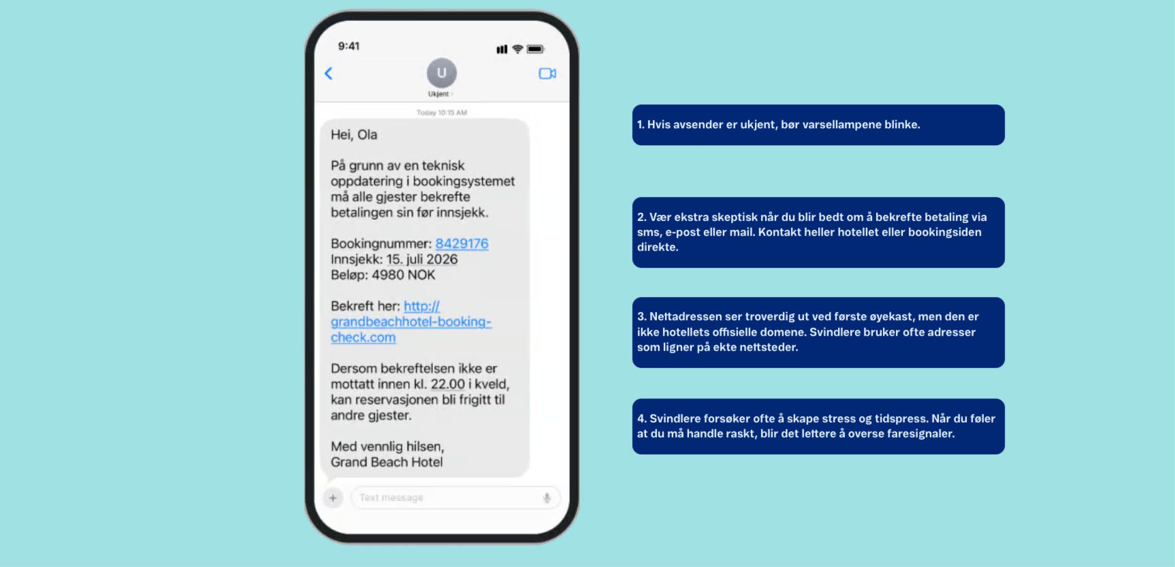 Advarsel om svindel via SMS med falsk betalingsbekreftelse for hotellbooking