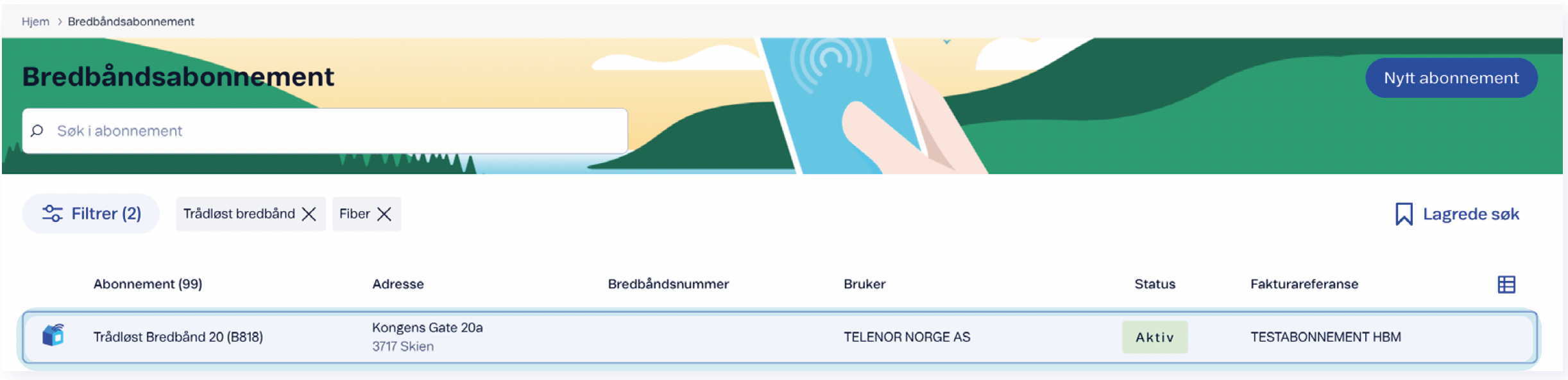 Skjermbilde av Trådløst Bredbånd 20-abonnement med menyvalg