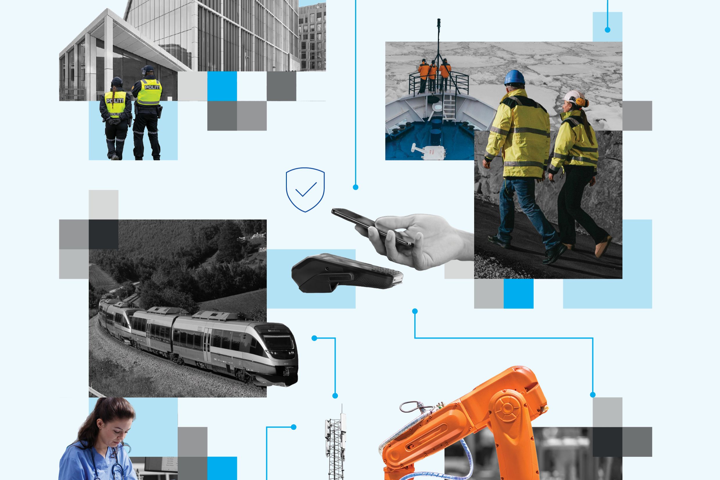 Kollasj der politi, helse, transport og industri kobles sammen av blå nettverkslinjer og et sikkerhetsskjold.