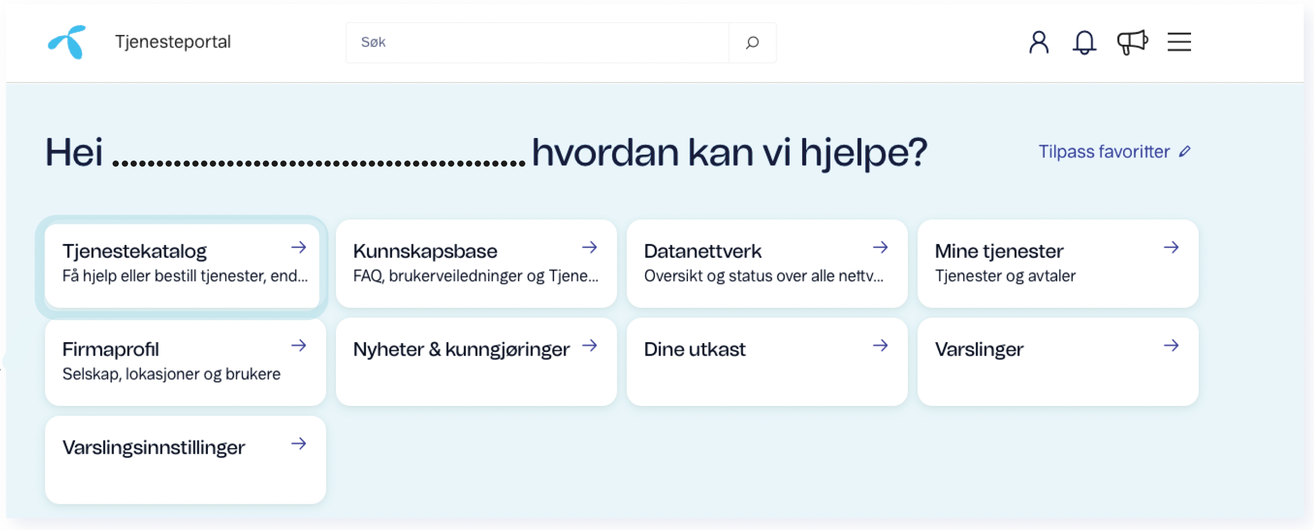 Tjenesteportal med ulike hjelpe- og servicevalg for bruker