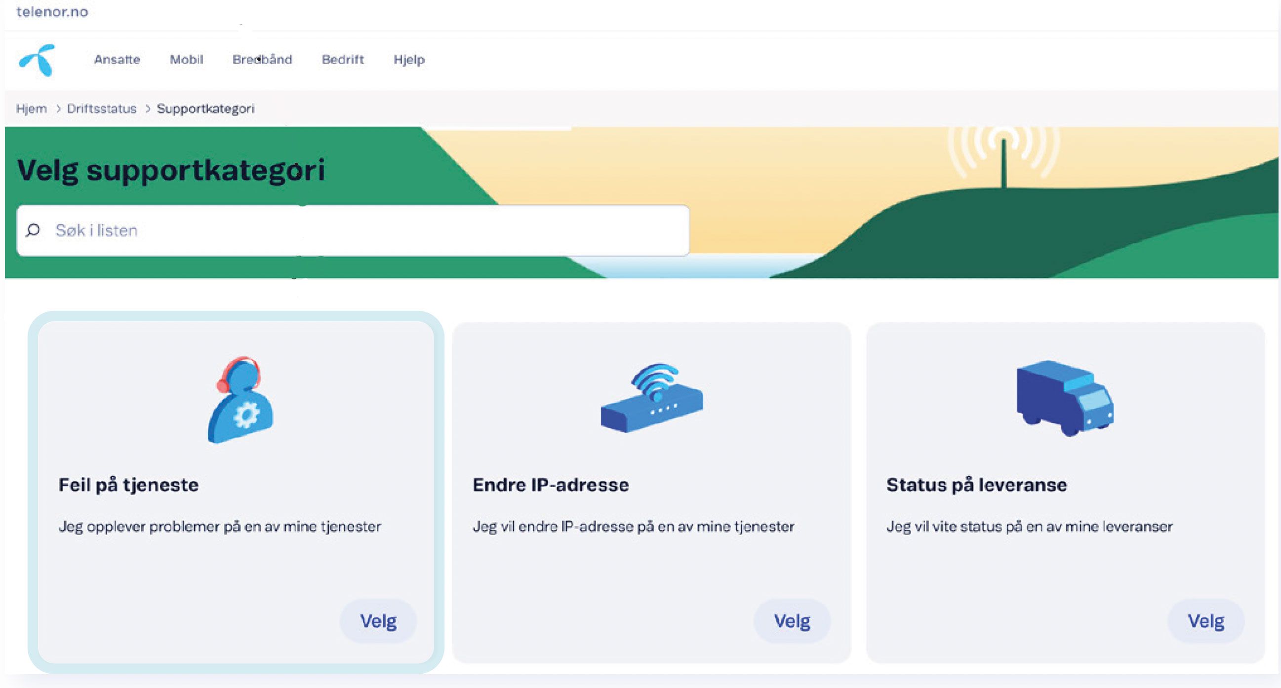 Telenor supportside med valgmuligheter og kategorier