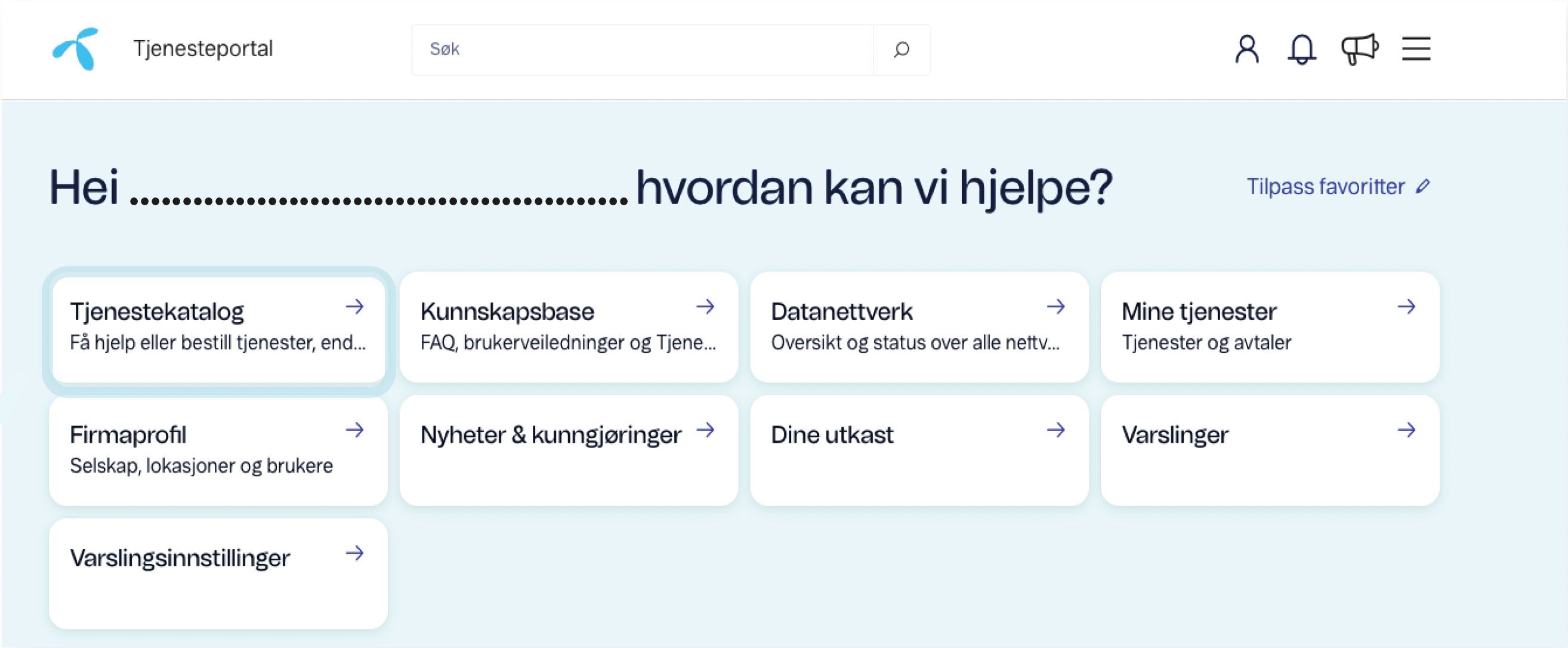 Tjenesteportal grensesnitt med ulike valg og tilpasningsmuligheter