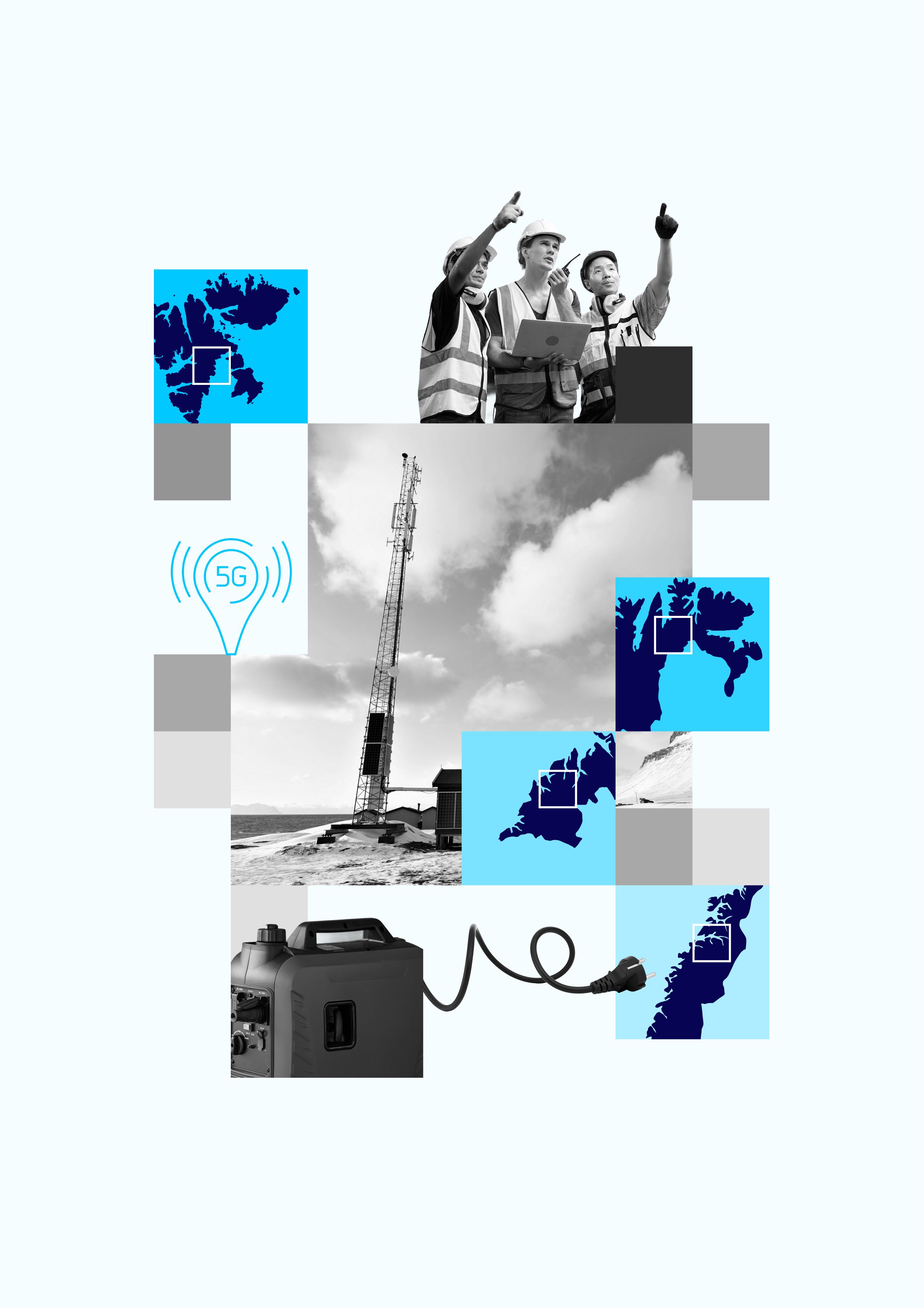 Collage med 5G-tårn, kart og teknisk utstyr i arktisk område