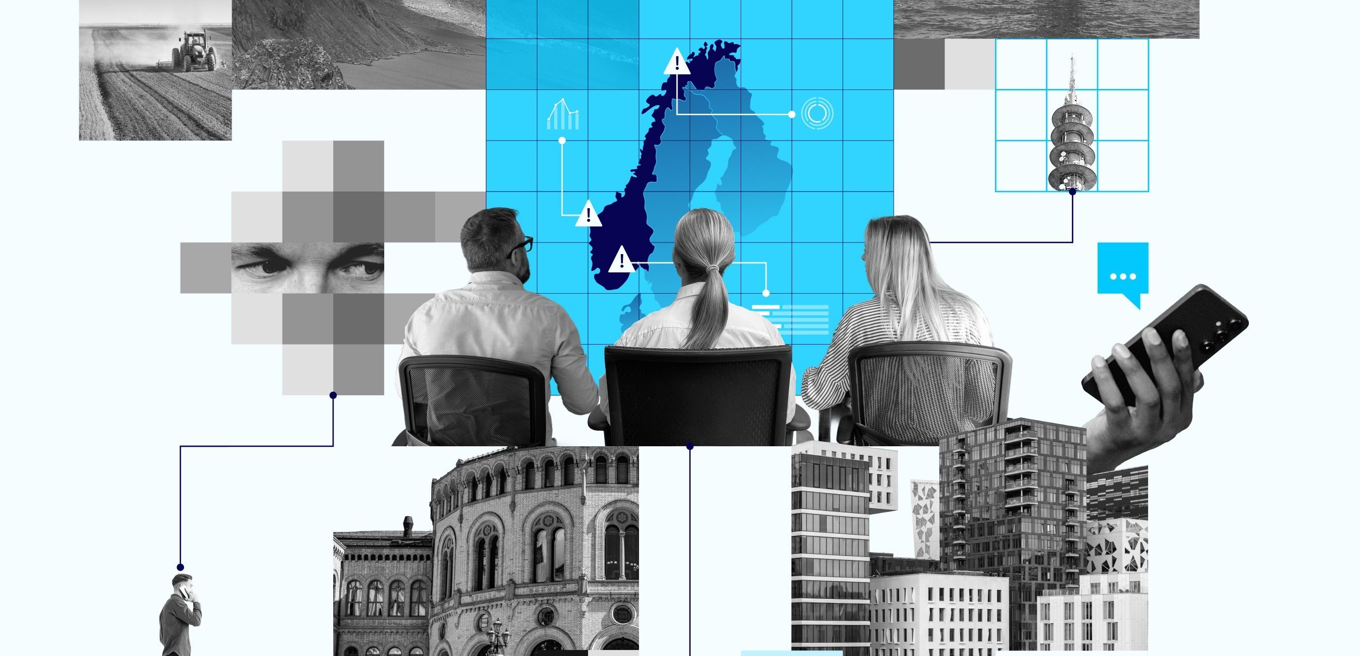 Illustrasjon av Norges kart, industri, natur og teknologi