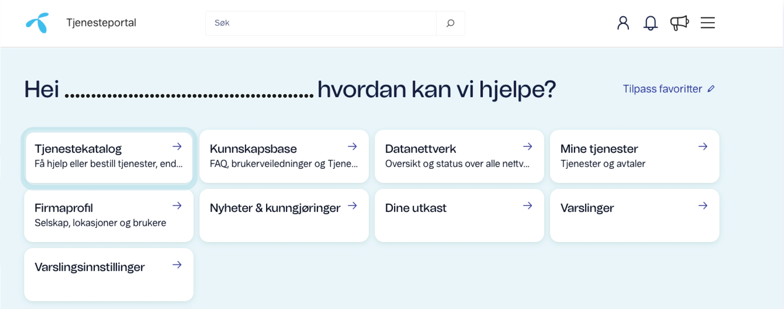 Tjenesteportal med menyer for tjenester, varslinger og kunnskapsbase