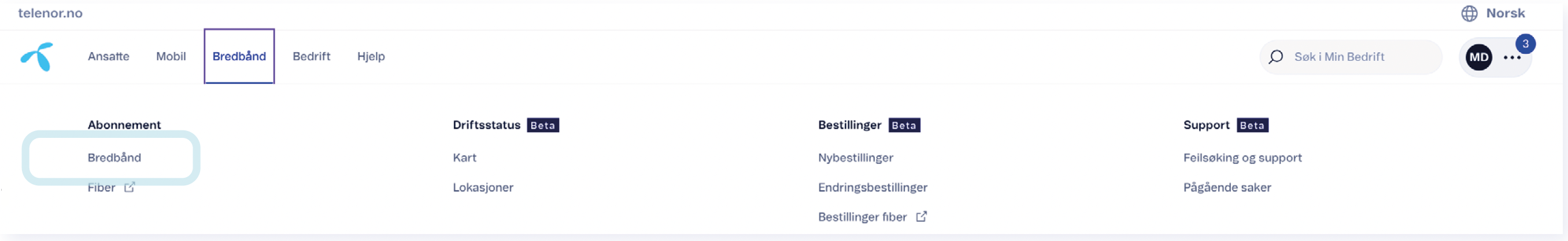 Telenor-nettside med menyvalg for bredbånd, driftsstatus og support