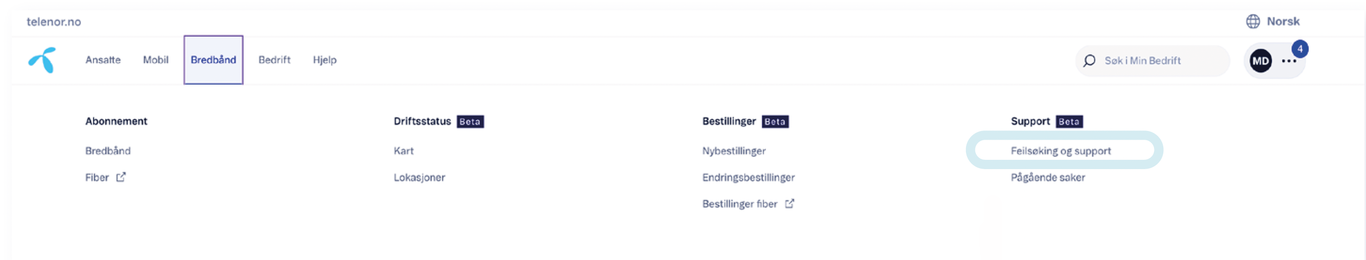 Telenor.no-meny med kategorier som Bredbånd, Driftstatus, Bestillinger, Support