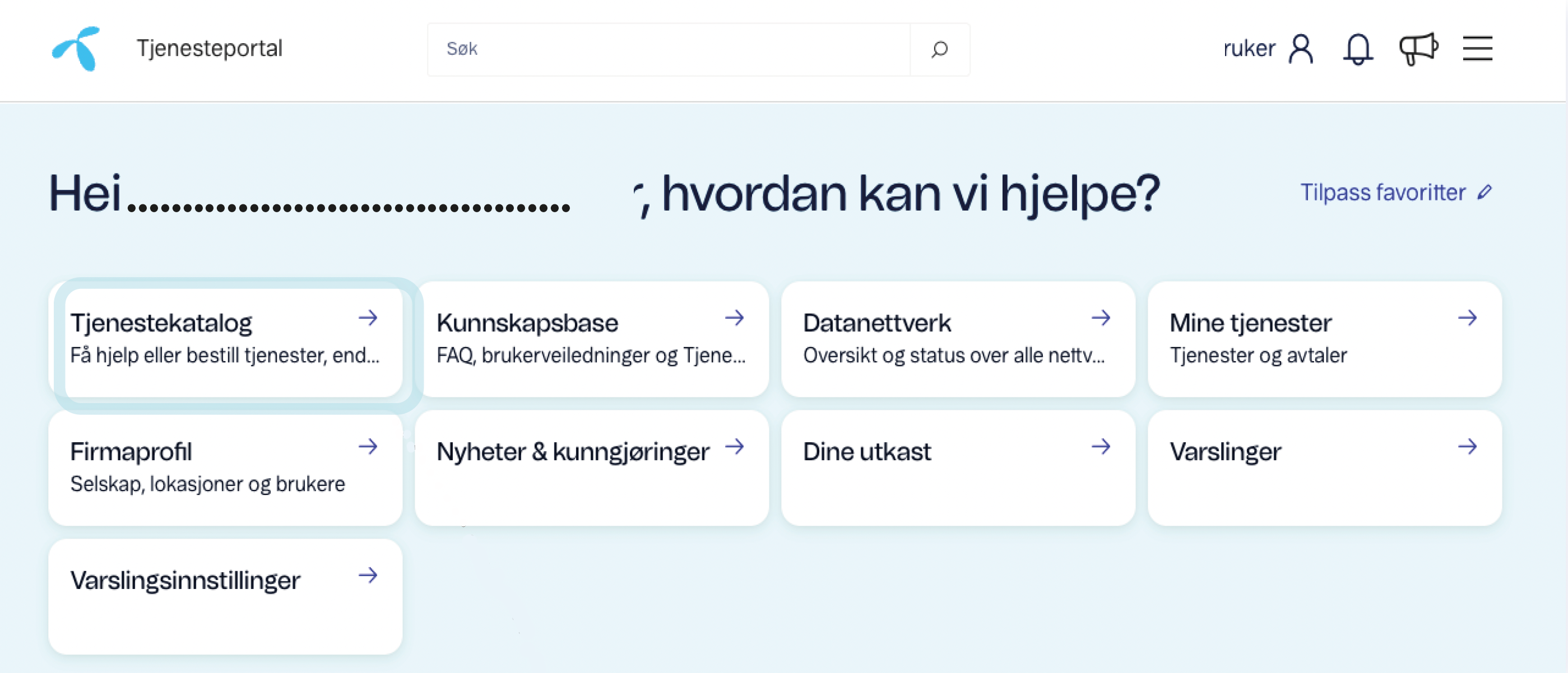 Tjenesteportal med ulike valg for hjelp og administrasjon