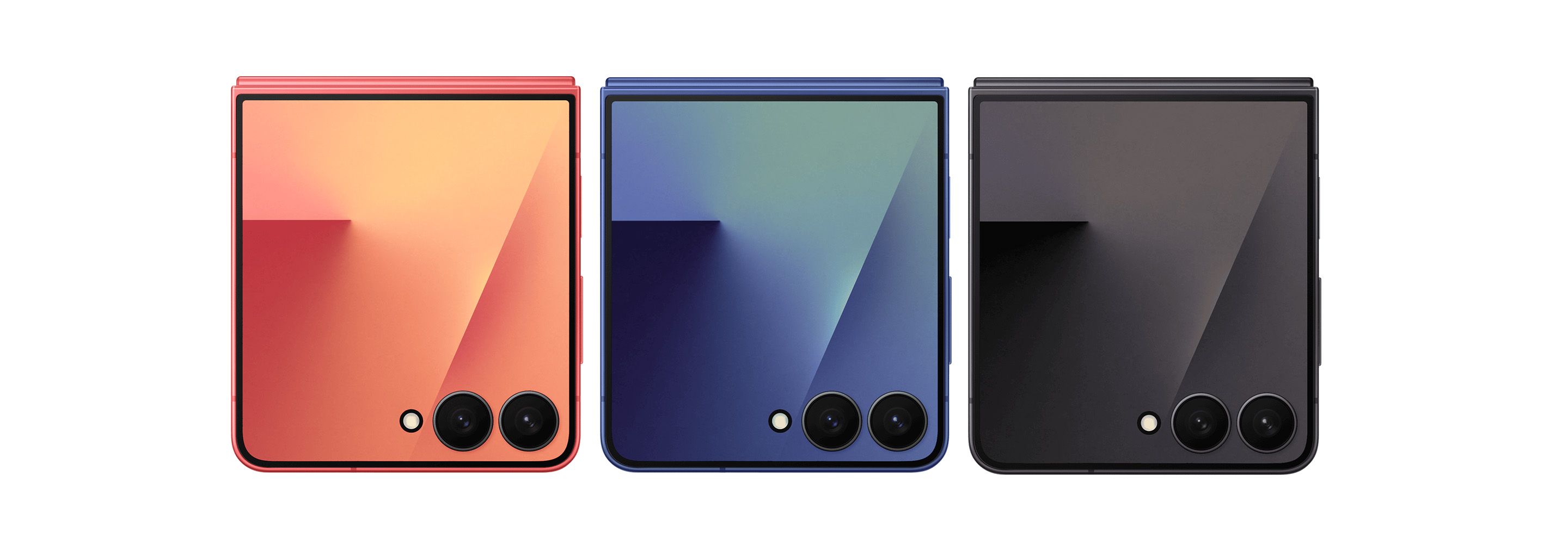 Tre sammenleggbare telefoner i ulike farger, nyeste fra Samsung