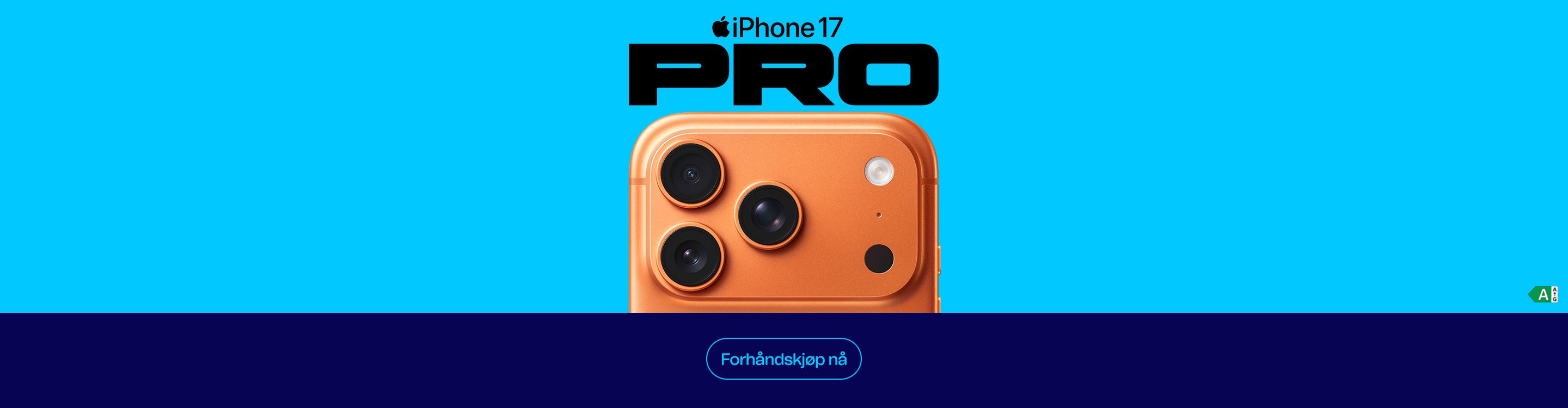 iPhone 17 Pro i oransje design, med fokus på kamera og forhåndskjøpsknapp