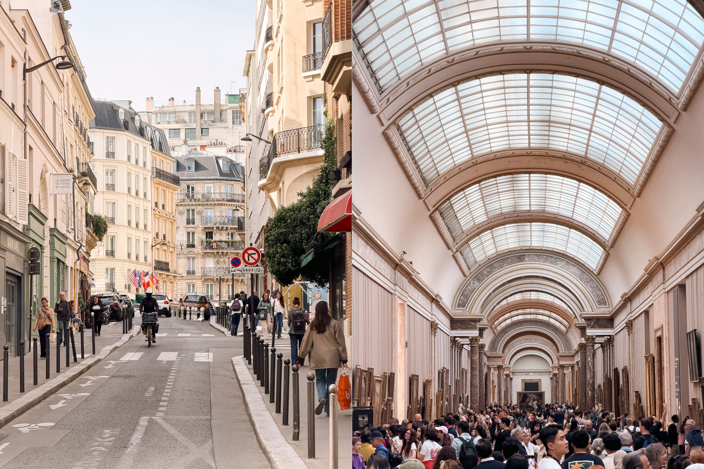 Gate med klassiske bygninger og travelt museum med buet tak i Louvre