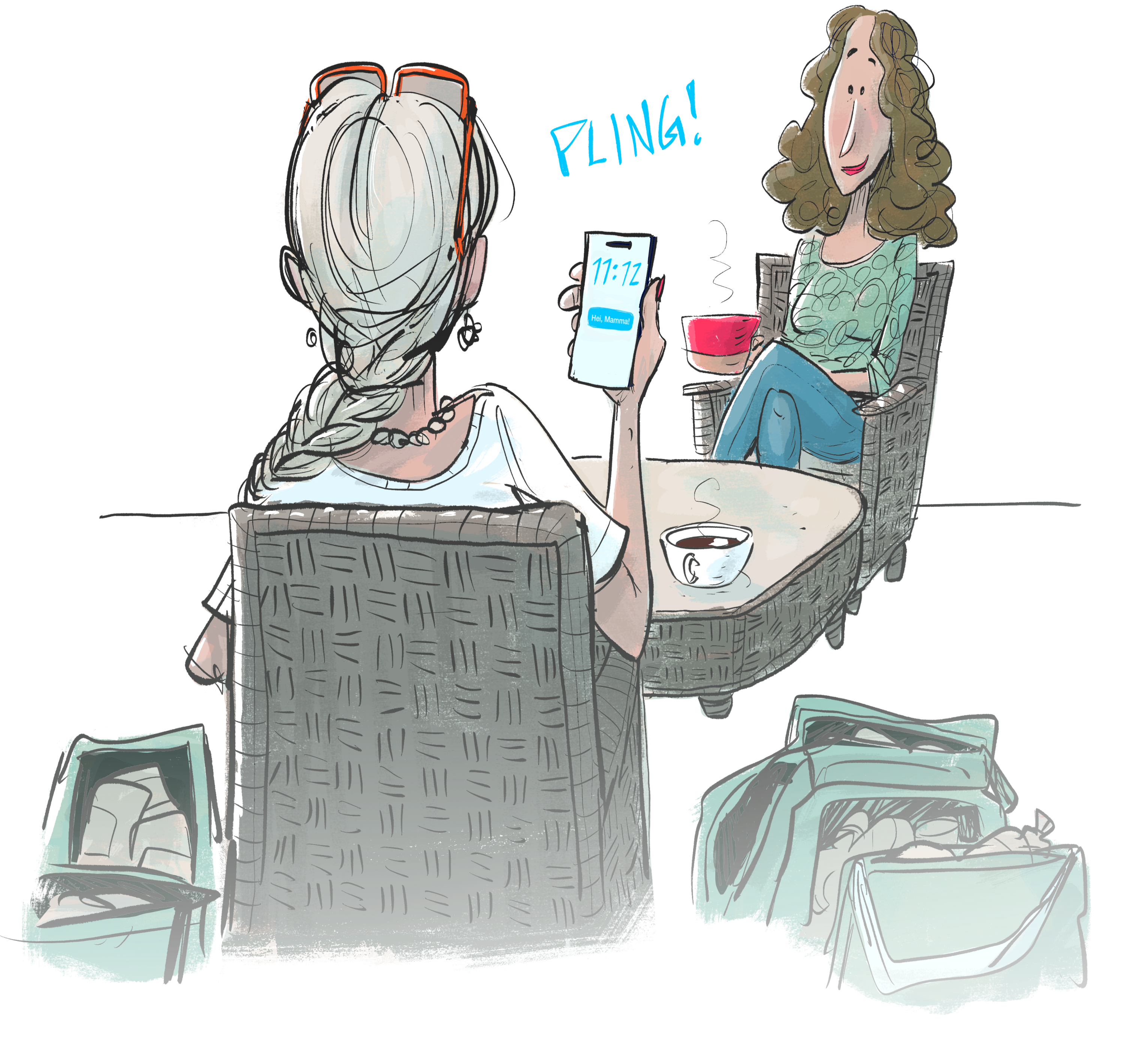 To personer på kafé, melding plinger på telefonen