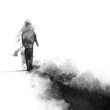 En skisse av en person i mørke toner med abstrakt bakgrunn