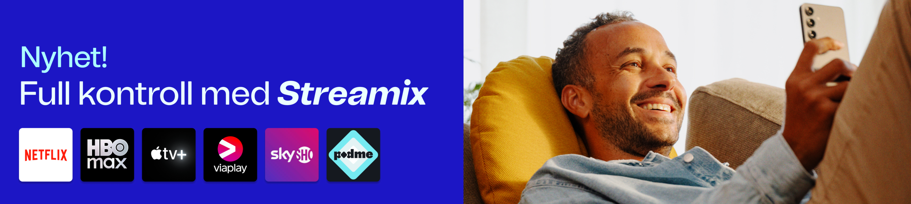 Lyseblå tekst "Streamix" på mørkeblå bakgrunn