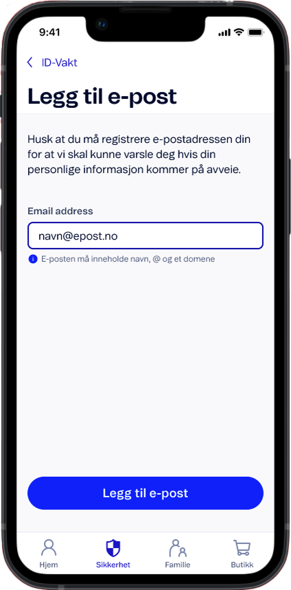 Skjermbilde av e-postregistrering