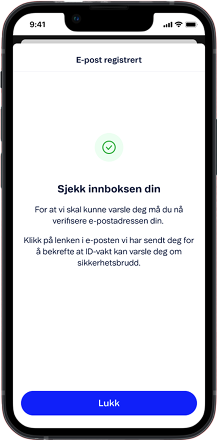 Mobilskjerm viser e-post bekreftelse