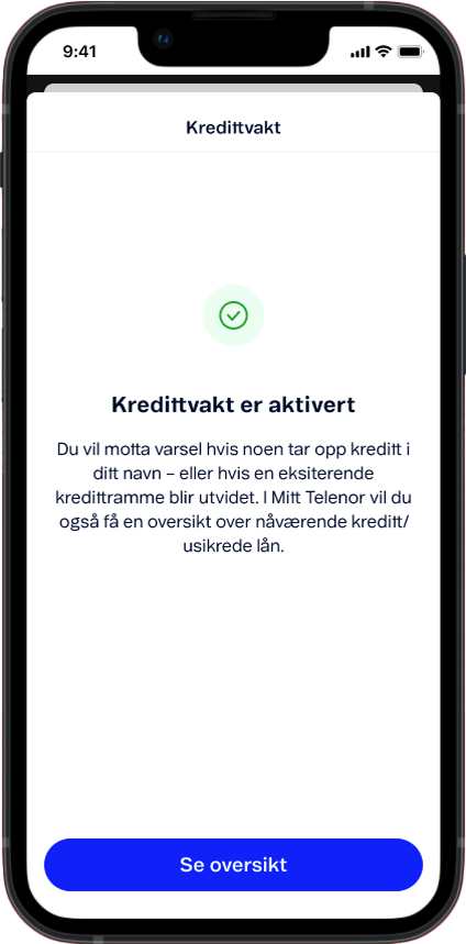 Skjermbilde av "Kredittvakt er aktivert" på mobil