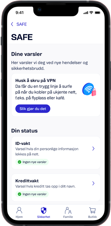 Skjermbilde av sikkerhetsapp