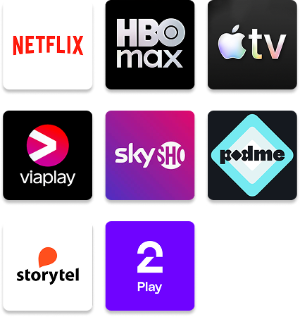 Logoer for Netflix, HBO Max, Apple TV+, Viaplay, SkyShowtime og PodMe