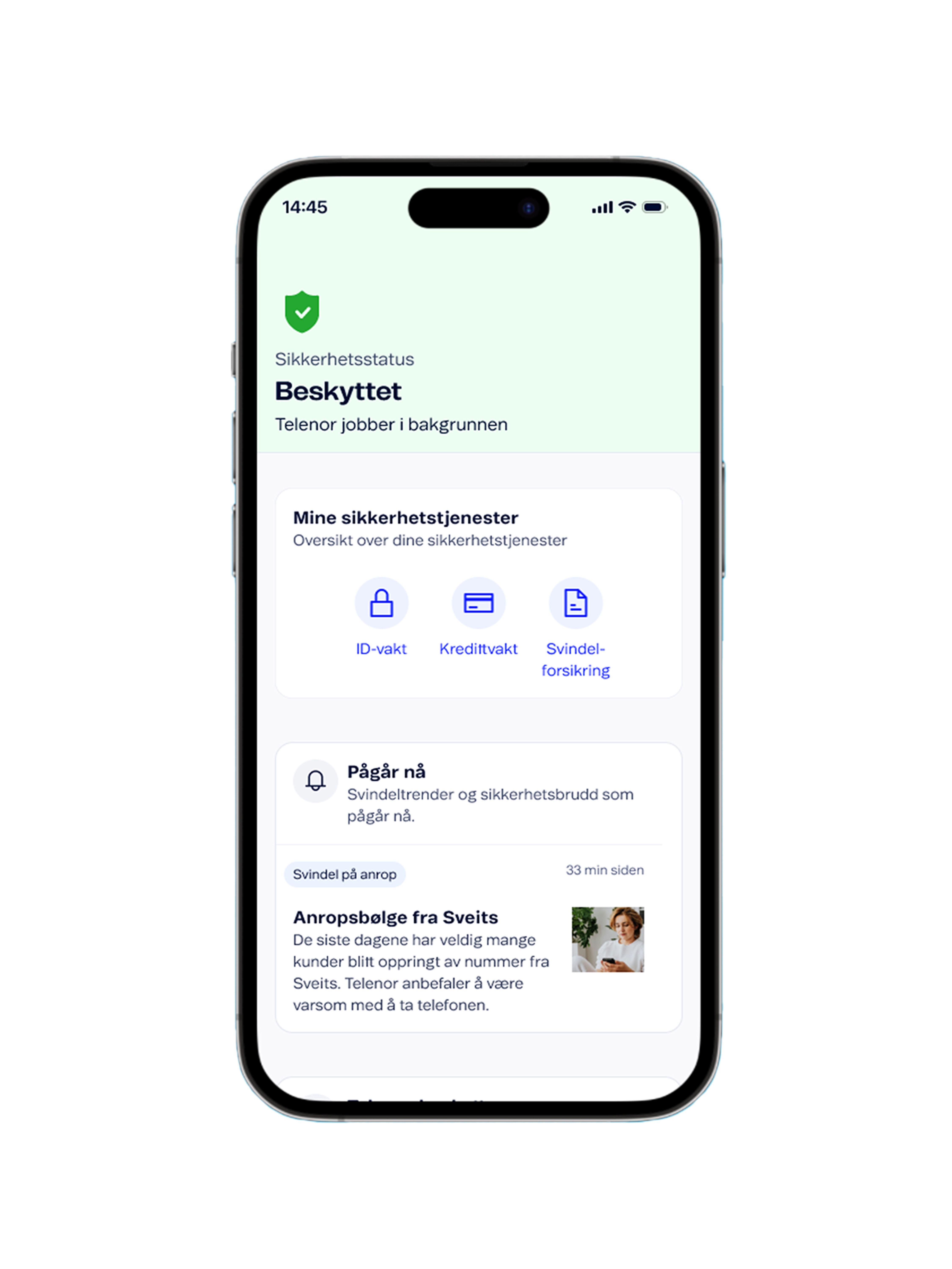 Tre mobilskjermer viser Telenors sikkerhetstjenester