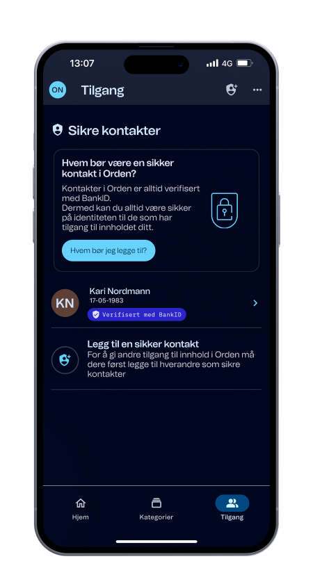 Tilgang til sikre kontakter i appen Orden fra Telenor