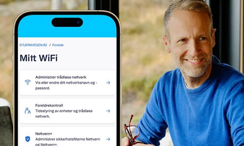 Mobilskjerm som viser Mitt WiFi-appen, og en smilende mann i blå genser.