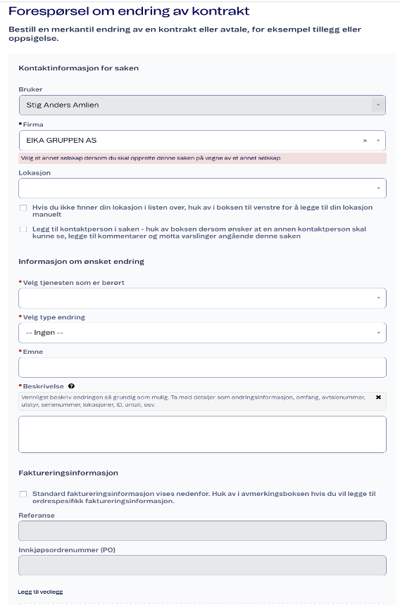 Nettskjema for å kontakte en salgsrepresentant med felter for firmainformasjon